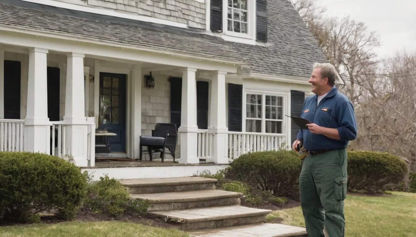A homeowner talking with a pest control provider outside an older Peapack and Gladstone home