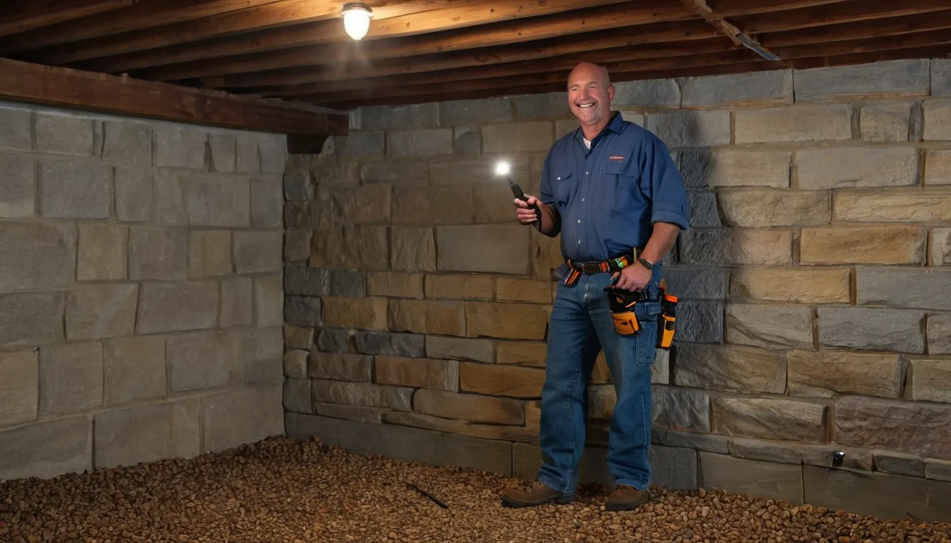 Friendly provider inspecting a stone foundation wall in a basement of an older Peapack and Gladstone home